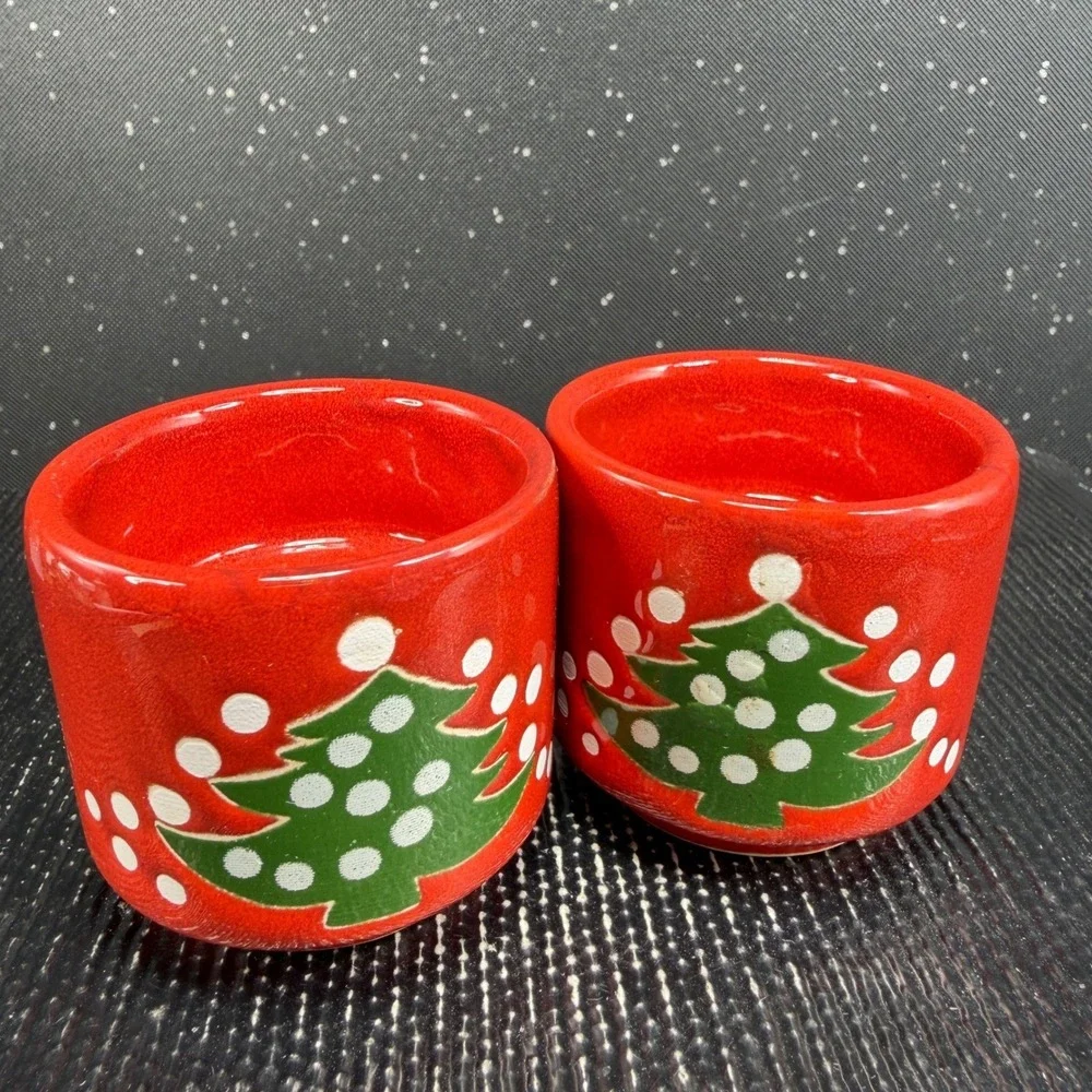 Waechtersbach Christmas Tree Red Ceramic Cups Candle Holder Votive Set of 2 VTG